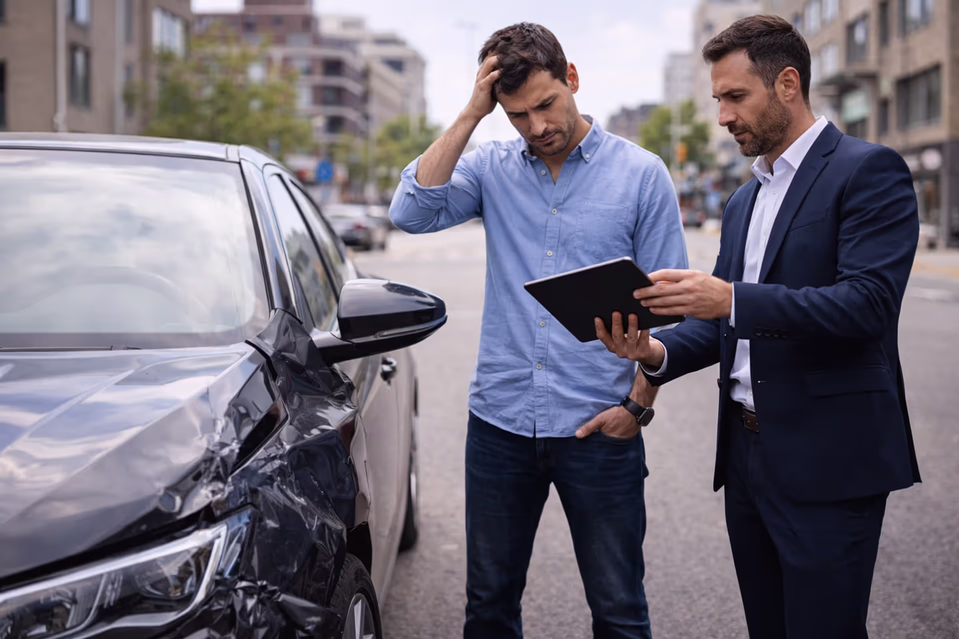 Driver reviewing car damage after accident with insurance context