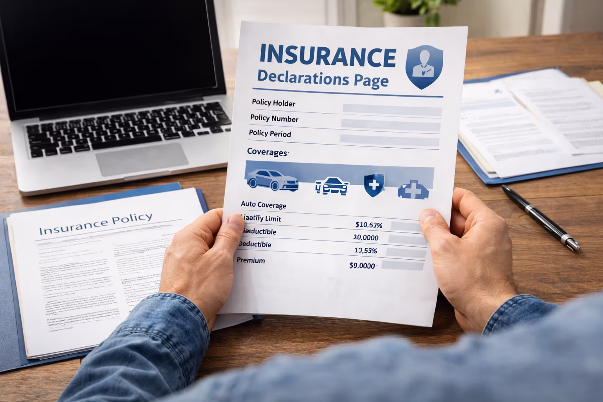 Person reviewing insurance declarations page at desk