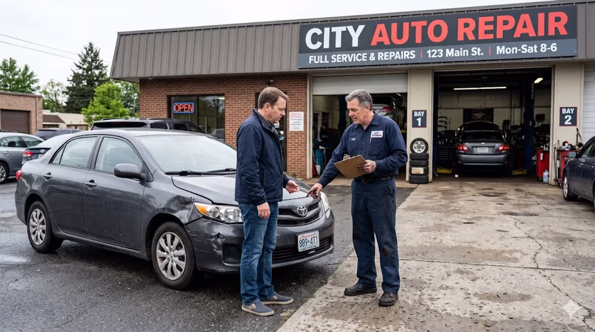 damaged car at repair shop with owner discussing repairs