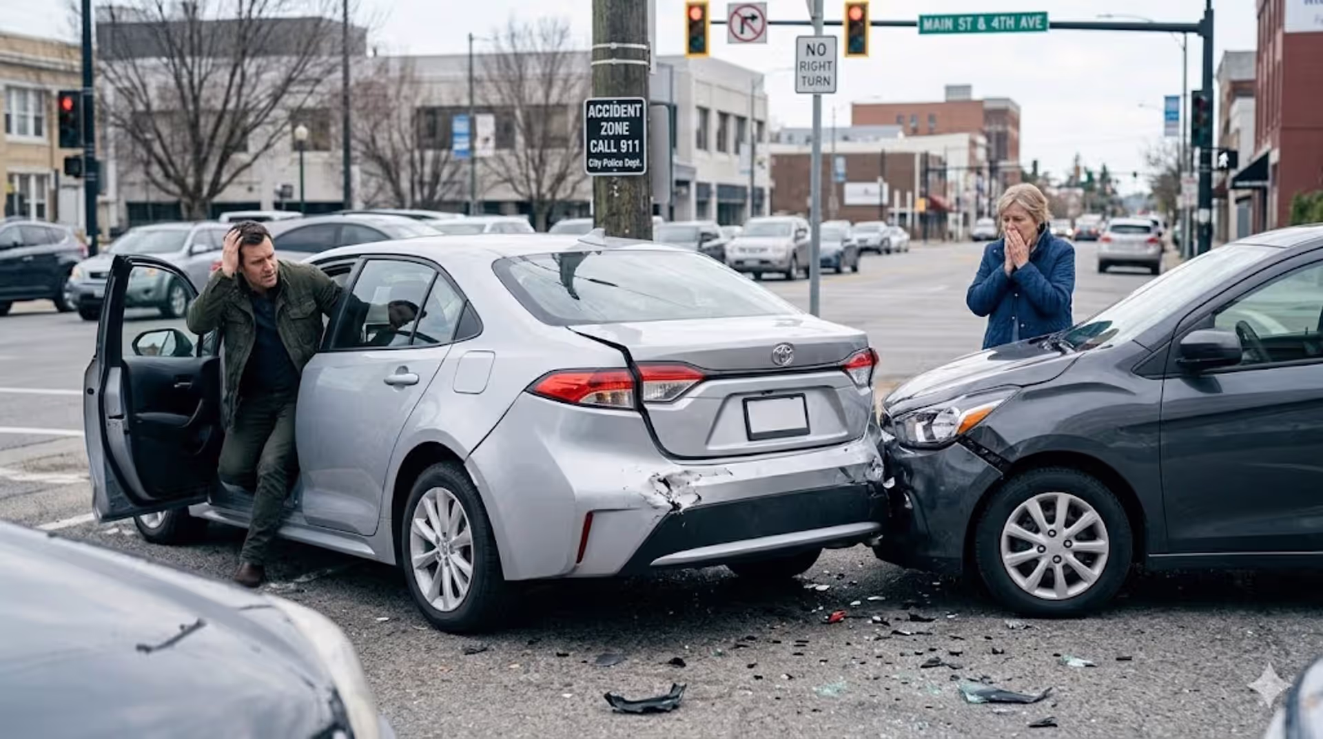car accident at intersection with drivers inspecting damage