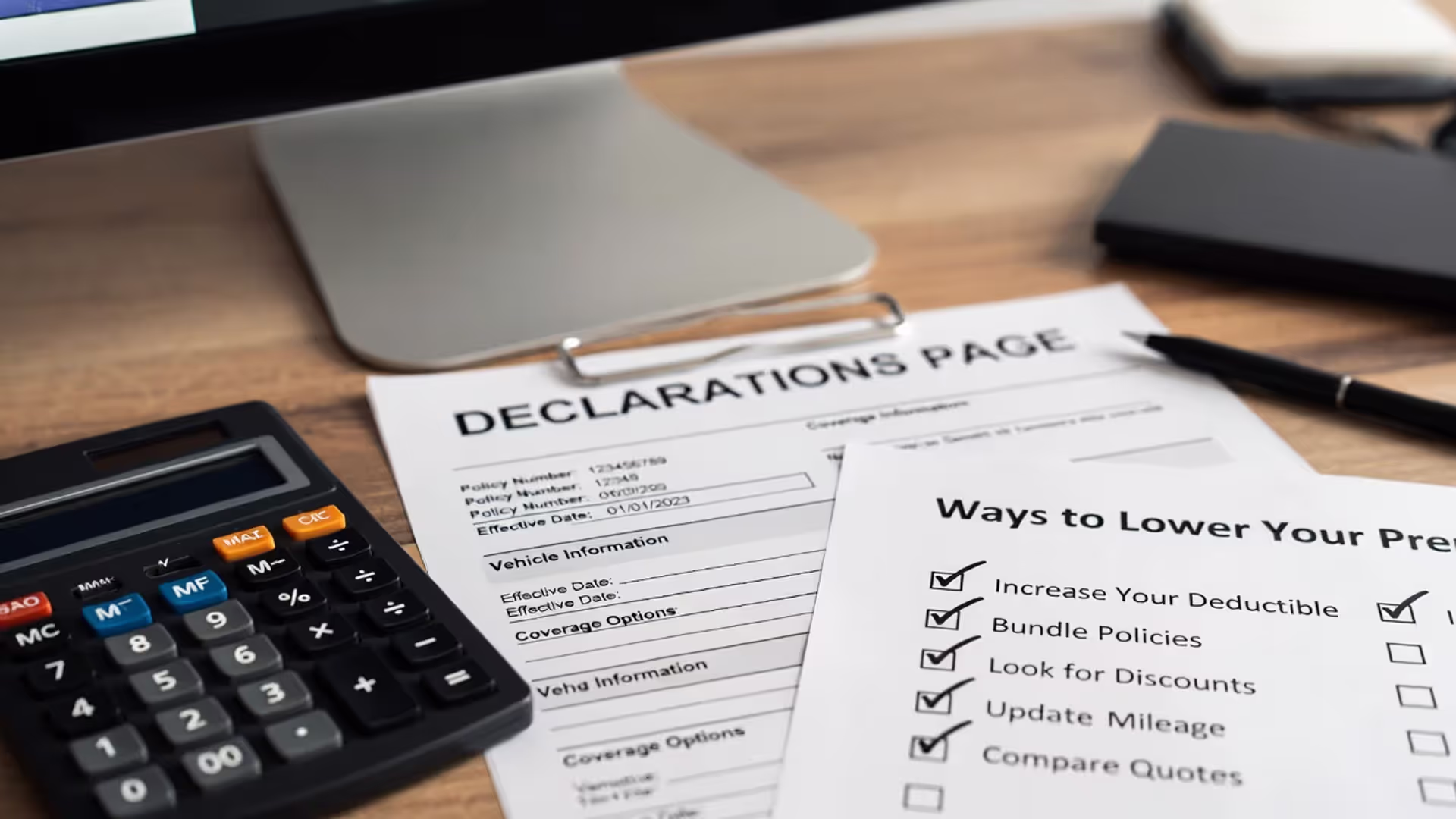 Car insurance paperwork with a calculator and a checklist of ways to lower premiums.