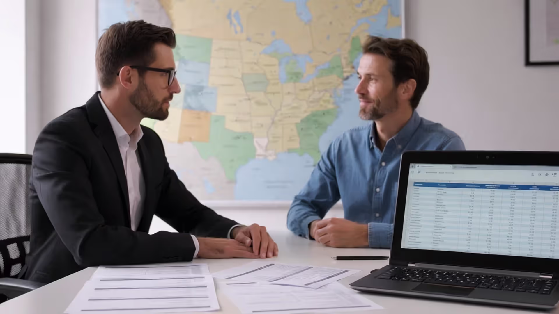 Independent insurance agent reviewing quote comparison documents with a customer in an office
