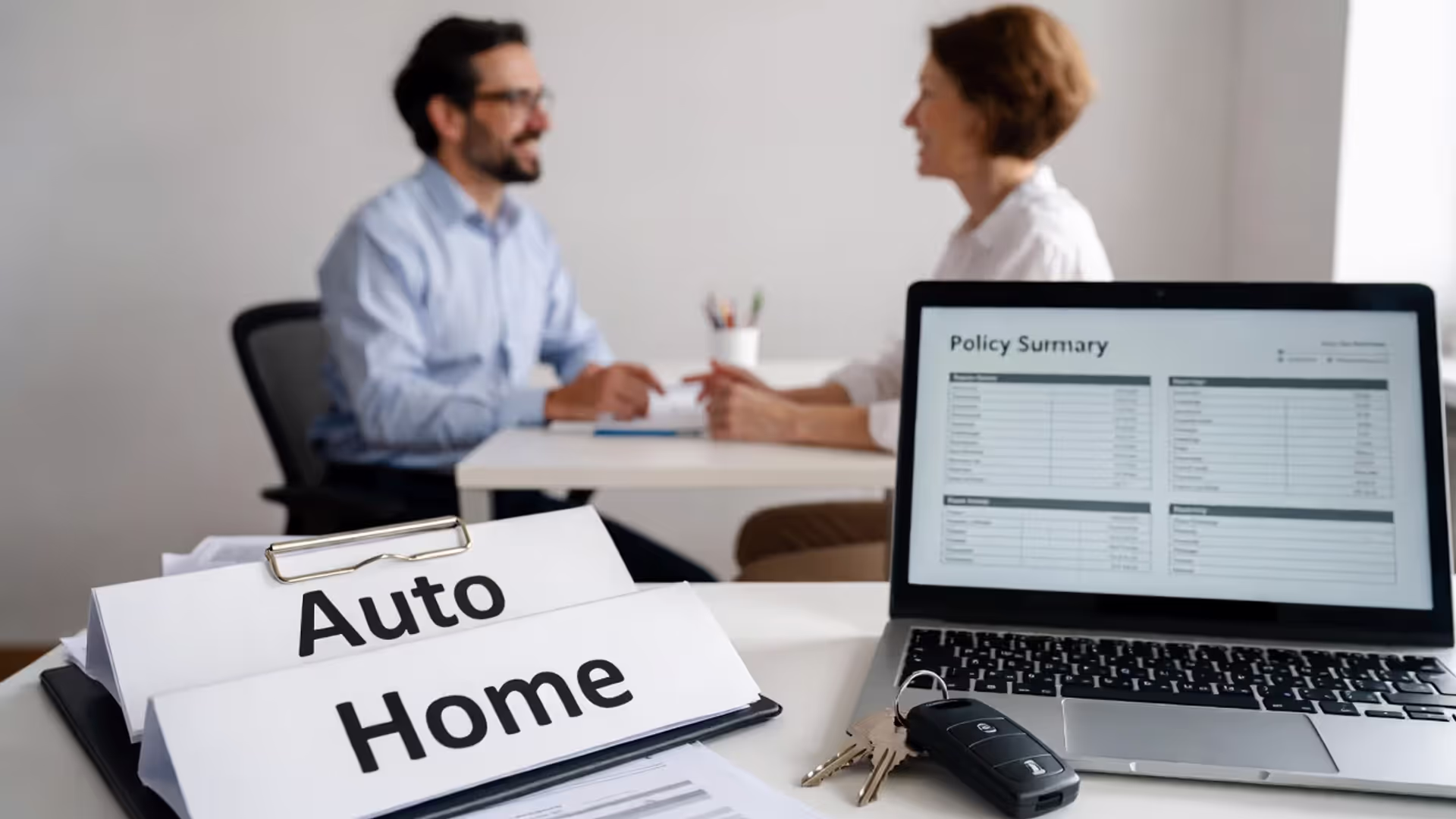 Agent reviewing auto and home insurance documents with a customer at a desk