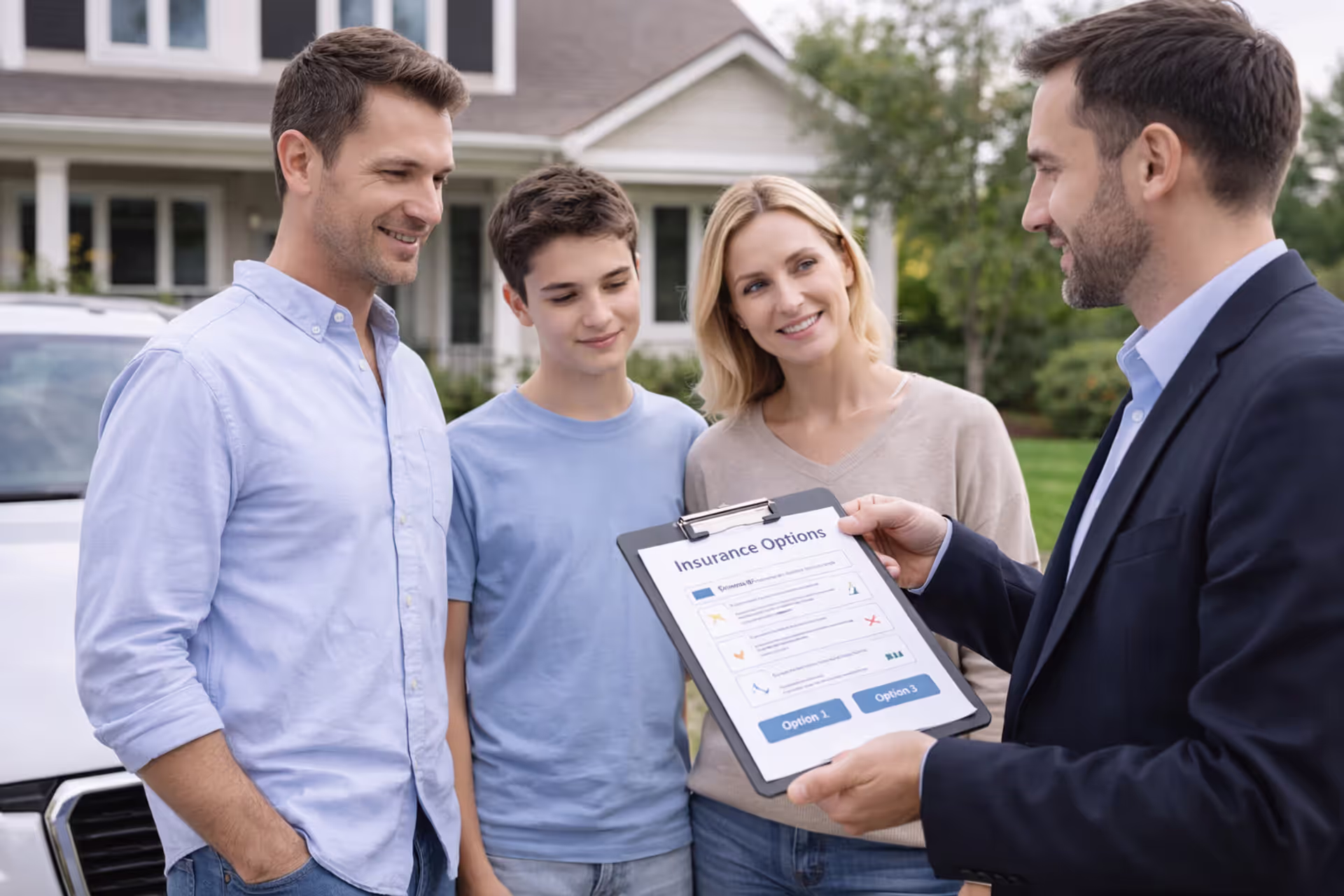 family reviewing home and auto insurance options